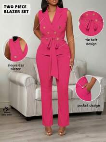 CALEBGAR Women's 2 Piece Sleeveless Blazer Suit, V Neck Belted Vest & Straight Pants, Y2K Business Casual Outfit - Màu Hồng Tươi - Xem 1