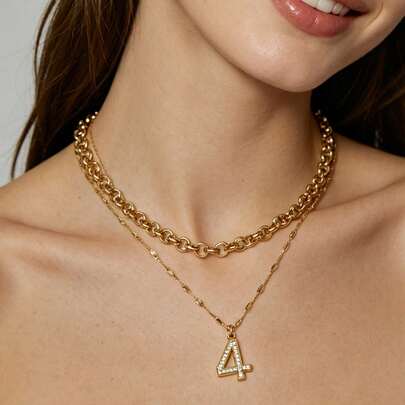 时尚精致的铜镶嵌锆石0-9幸运数字吊坠双层项链，适合女士日常休闲佩戴，也是节日和派对的礼物！