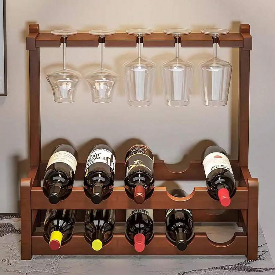 ERUIV Wooden Wine Rack With Glass Holder, 10 Bottle 5 Glass Countertop Wine Storage Rack, Freestanding Wine Bottle Holder For Home Bar Kitchen Dining Room, Wood Wine Organizer For Red Wine Champagne - 475多功能紅酒架-二層10瓶 - 查看 1