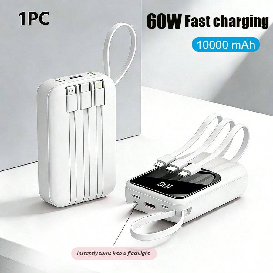 Batería externa de 10000mAh con cable de carga 4 en 1 multifuncional, sin enredos, de unicolor, con pantalla LED digital, carga rápida de 15W, compacta y portátil, ideal para viajes de negocios, campamentos, carga de dispositivos en cualquier momento y lugar, regalo de primavera y aniversario - Batería externa nueva con pantalla digital LED de 1W mAh - Ver 1