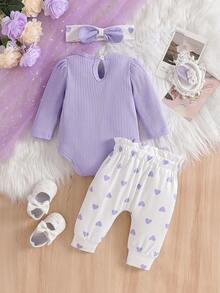 3pcs/Set Newborn Baby Girls Cute Ribbed Puff Sleeve Romper, Heart Pattern Bow Pants And Headband Set, Autumn/Winter - Mauve Purple - View 3