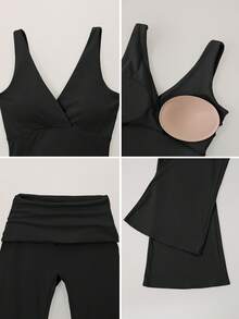 TimeOff 1 Set Women's Solid Color V-Neck Backless Removable Padded Camisole And Flared Leg Pants Sports Suit - Black - View 4