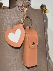 1 Set Nylon Braided Phone Case Strap, Minimalist Solid Color Leather Lipstick Pouch, Cute Mini Heart Shaped Makeup Mirror Keychain - Brown Long Rope + Lipstick Bag + Makeup Mirror - View 7