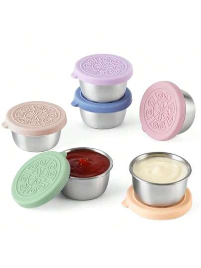 1pc Portable Salad Sauce Container, Stainless Steel Condiment Bowl With Leak-Proof Silicone Lid, 1.6oz Small Stainless Steel Sauce Cup For Lunch Box, Picnic, Work, School, Outdoor Camping, Travel, Appetizer, Kitchen Essentials, Daily Use