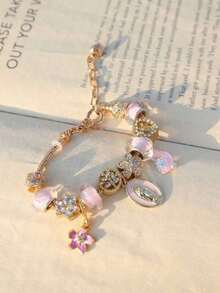 1pc Religious Virgin Mary Charm Bracelet, 1pc Religious Crescent Moon Bracelet, 1pc Fashionable Blue Sakura Bracelet, 1pc Fashionable Heart Tree Of Life Bracelet - Pink - 查看 12