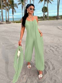 AIJ Amarilo 女士绿色无袖连体裤，吊带长款连体裤，抽绳腰带带口袋，轻盈梭织面料，适合日常穿着 - 豆綠色 - 查看 5
