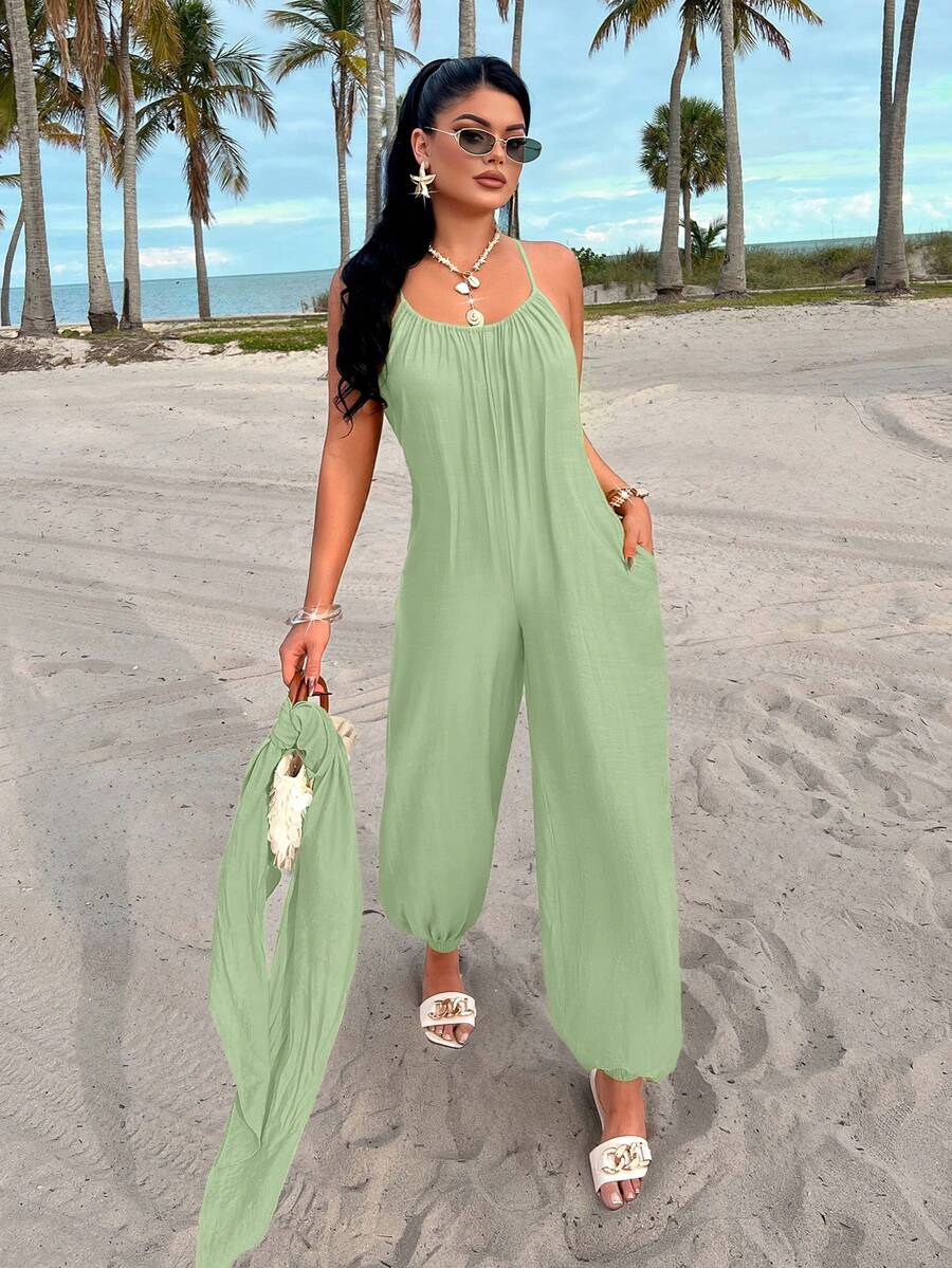 AIJ Mono sin mangas verde para mujer Amarilo, mono largo con tirantes finos, cintura con cordón y bolsillos, tela ligera tejida para uso diario en verano - Judías verdes - Ver 1
