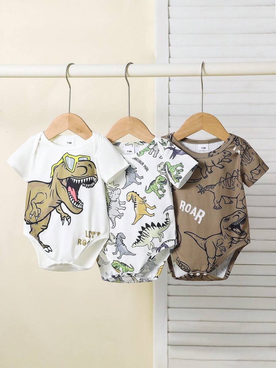 3pcs Cute Striped Dinosaur Infant Newborn Romper Outfit - White - View 1