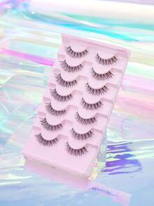 7 Pairs Natural Looking D-Curl Elongated Transparent Stem Criss-Cross False Eyelashes - Black - View 2