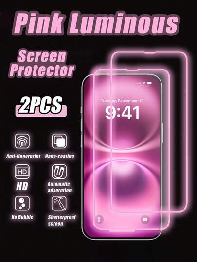 2 Packs - Pink Glow-In-The-Dark Clear Screen Protector For IPhone 16/16 Plus, Waterproof And Fingerprint-Resistant, Silky Smooth Touch, And Scratch-Resistant. An Essential Screen Protector For Everyday Use, Office Work, And Home. Compatible With IPhone
