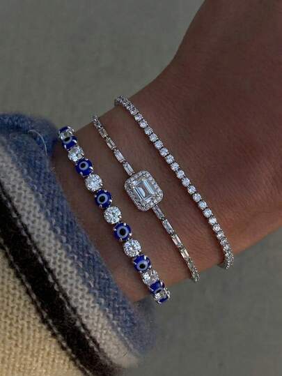 3件套网球手链套装，经典4毫米网球链手链，闪亮锆石网球链手链，恶魔之眼装饰手链，朋克极简风格，时尚饰品，完美礼物之选