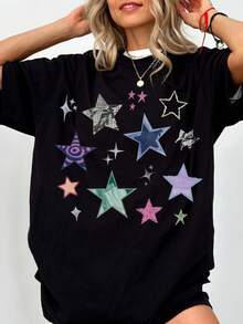 Damen T-Shirt UnisexTShirt aus reiner Baumwolle Stars Statement Tee weiches GrungeShirt Oversized Y2K Streetwear 90er Celestial BohoFestivalOutfit Whimsigoth AltBekleidung Unisex SommerTShirt Bluse... - Schwarz - Übersicht 1