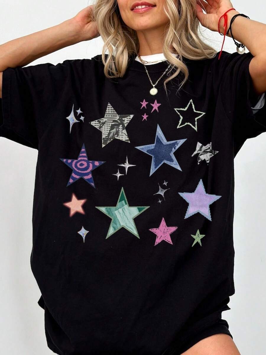 Damen T-Shirt UnisexTShirt aus reiner Baumwolle Stars Statement Tee weiches GrungeShirt Oversized Y2K Streetwear 90er Celestial BohoFestivalOutfit Whimsigoth AltBekleidung Unisex SommerTShirt Bluse... - Schwarz - Übersicht 1