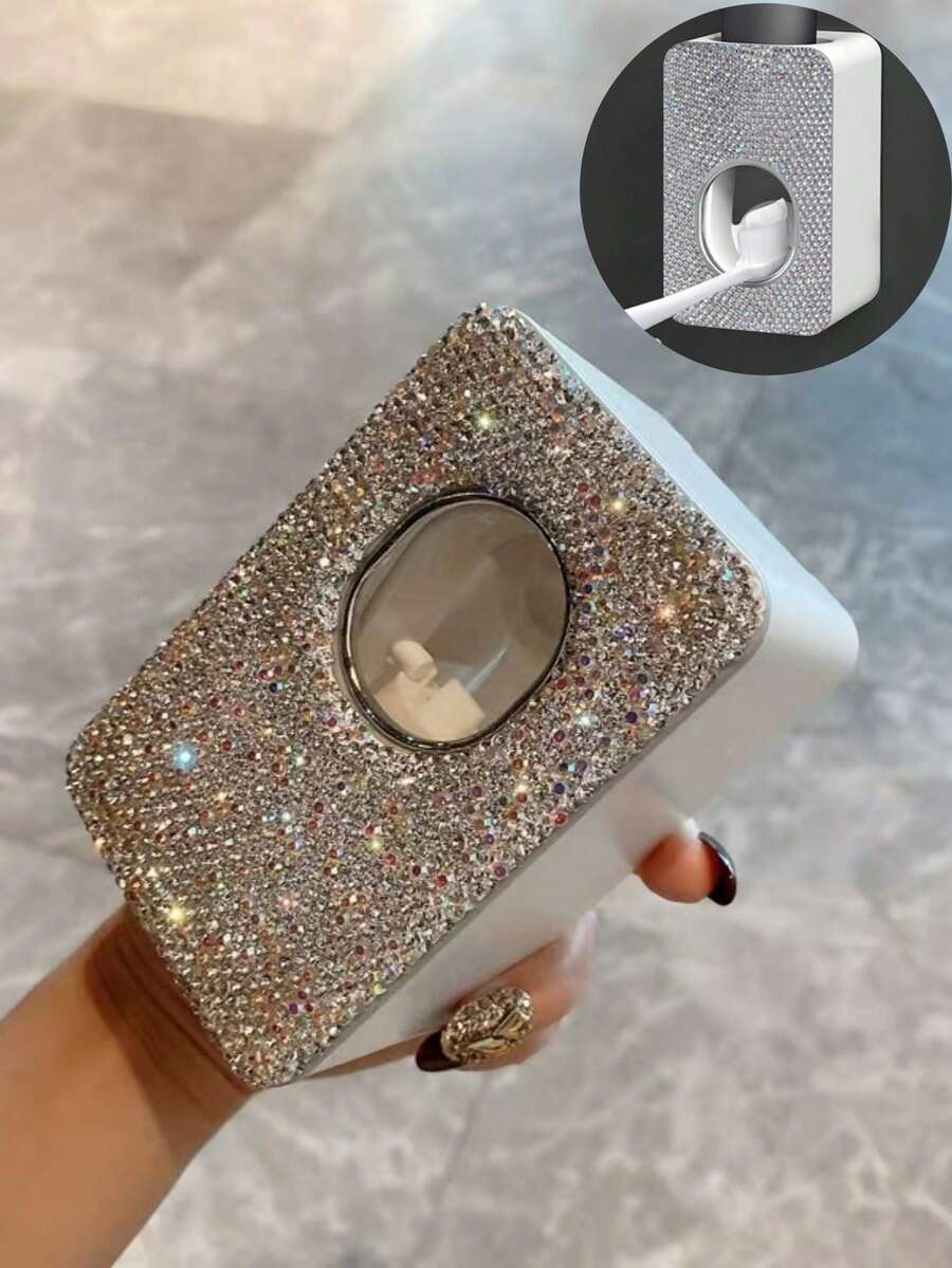 1pc Luxury Sparkling Rhinestone Toothpaste Holder, Bathroom Toothbrush & Toothpaste Storage Rack, Wall Mounted No Drilling Required, Creative Gift