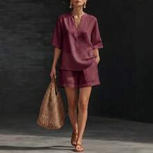 2026 Spring/Summer Women's Solid Color V-Neck Linen-Cotton Casual Top And Shorts Two-Piece Set - 藍色 - 查看 5