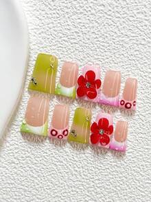 10Pcs Sweet And Lively Style Handmade Nail Art Set,Unghie Press On,Five Petal Flower Nail Art Decorations,Green And Pink Nail Polish,Includes Nail Tools,3 Sizes Available,Almond Nails , Duck Nails,Coffin Nails For Party, Dance, Daily Wear. - 彩色 - 查看 11
