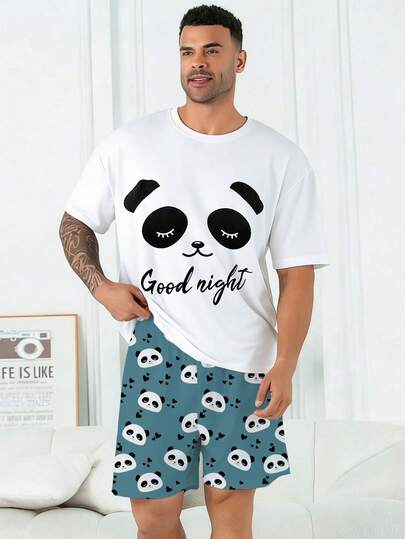 Bộ đồ ngủ nam cỡ lớn | Áo tay ngắn cổ tròn và quần short cạp chun kiểu dáng thường ngày | Vải dệt kim polyester mềm mại, thoáng khí, rộng rãi và thoải mái | Họa tiết gấu trúc ngủ dễ thương, thiết kế thường ngày