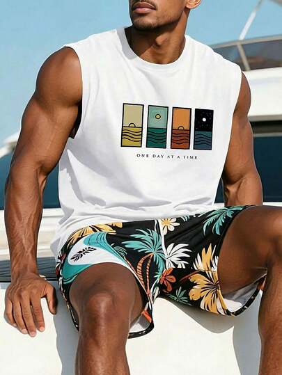 1 chiếc áo tank top nam mùa hè in họa tiết cổ tròn kiểu dáng thường ngày