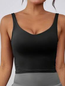 1 件女式无袖短款紧身尼龙运动吊带背心，带可拆卸护垫，修身背部支撑，春夏季 - 黑色 - 查看 5