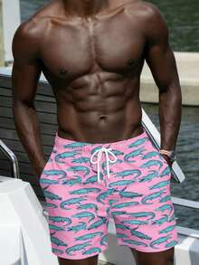 男士休闲鳄鱼纹沙滩短裤，度假风 - 彩色 - 查看 4