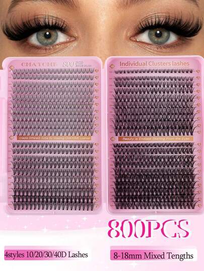 800片D型自然卷翘簇状假睫毛套装，高容量假睫毛套装，长度从8毫米到18毫米不等，适合初学者和化妆师日常练习及专业工作。轻盈自然，打造漫画风格妆效，这款可重复使用的簇状假睫毛是旅行和日常佩戴的理想之选。