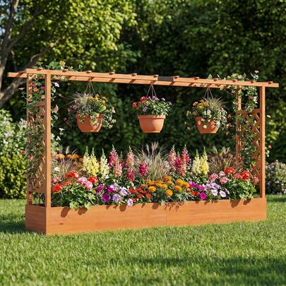  COSTWAY 114cm Tall Wooden Raised Garden Bed With Side Trellis & Hanging Roof, Drainage Holes, Outdoor Freestanding Fir Wood Planter Box, Natural/Orange