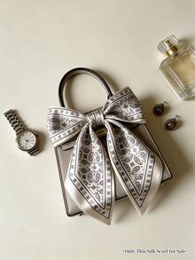 Moemton 日常必备：女士黑白提花窄长围巾/头巾/颈巾，精致包边，活性印花缎纹织法 - 白色 - 查看 7