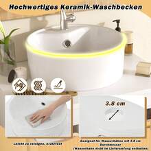 60cm Wall-Mounted Bathroom Vanity Unit With Round Ceramic Basin, Wood-Effect Drawer Fronts With Subtle Stripes, High-Quality MDF Panel, Ample Storage Space: 2 Drawers + Worktop - 白色+自然木色 - 查看 5