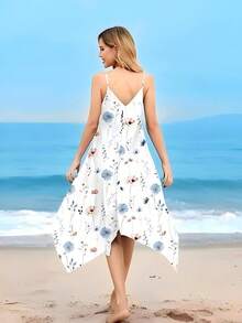 Plus Size Women Floral Print Asymmetric Hem Casual Slip Dress Elegant Vacation White Summer - White - View 3
