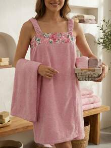 salidas de ducha suave de microfibra tipo spa, con bordes florales - Rosa Pálido - Ver 1