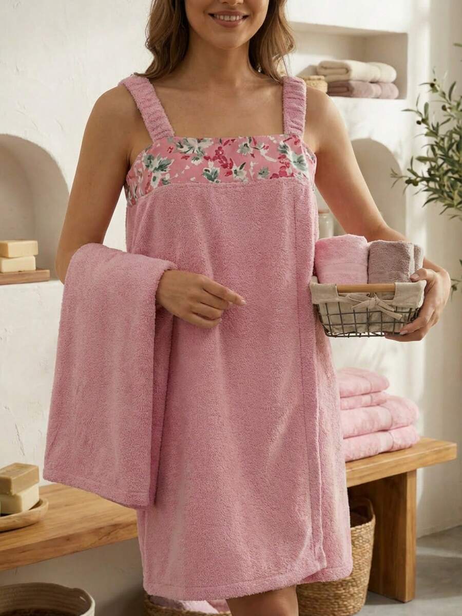 salidas de ducha suave de microfibra tipo spa, con bordes florales - Rosa Pálido - Ver 1