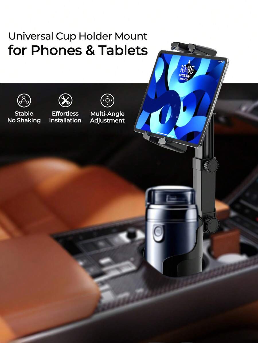 REMAX Adjustable Car Cup Holder Mount For 4.7-9.4 Inch Phones & Tablets, 360° Rotating Extendable Arm, Secure & Shake-Free Hold, Universal Expanding Base For 3.3-3.75 Inch Cup Holders, 1-Second Installation, Car Accessories, Car Essentials, Car Stuff - TS03-c46 Black - View 1
