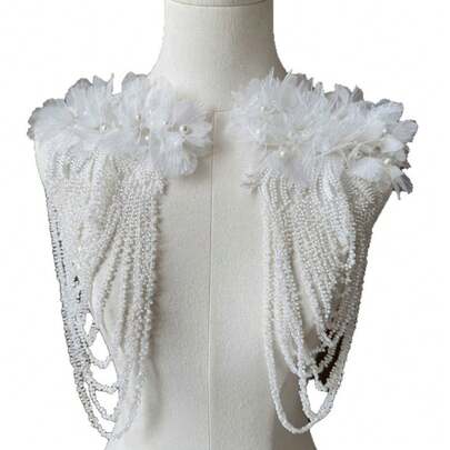 1 chiếc tua rua đính hạt đen trắng trang trí vai, phụ kiện may vá cho váy cưới, đầm, trang phục khiêu vũ.