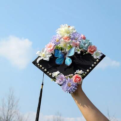 奢华手工花朵蝴蝶毕业帽装饰，适用于大学和高中毕业典礼