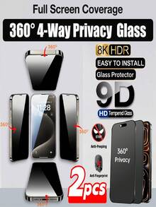 2pcs 360° Full Coverage Privacy Tempered Glass Screen Protector Compatible With IPhone 17 Pro Max 17 Pro 16 Pro Max 15 14 13 12 11 Plus, 360° Privacy Tempered Glass, Anti-Scratch, Full Coverage, Anti Fingerprint, Dynamic Island Compatibility - Black - View 14
