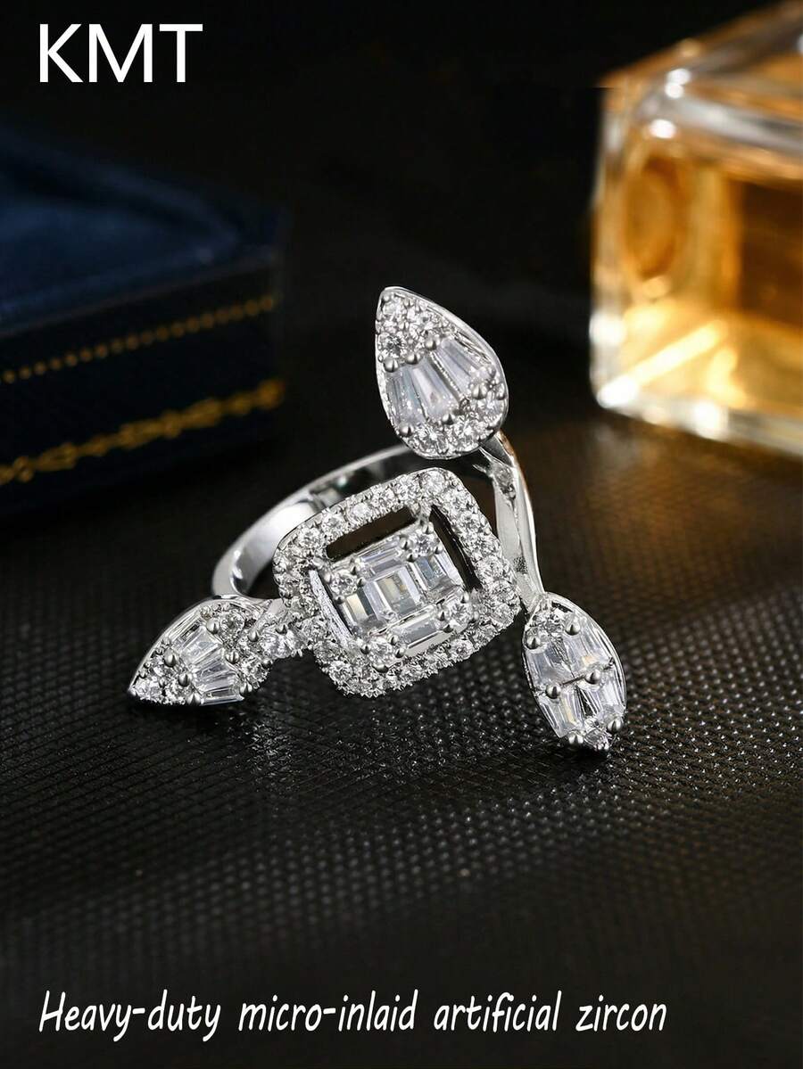 KMT 1 pieza Anillo abierto asimétrico en forma de gota de agua con incrustaciones de cúbico de circonio de cobre, joyería de lujo para vestido de noche, boda y fiesta, regalo para novia, mejor amiga, Día de San Valentín - estilo geométrico - Ver 1