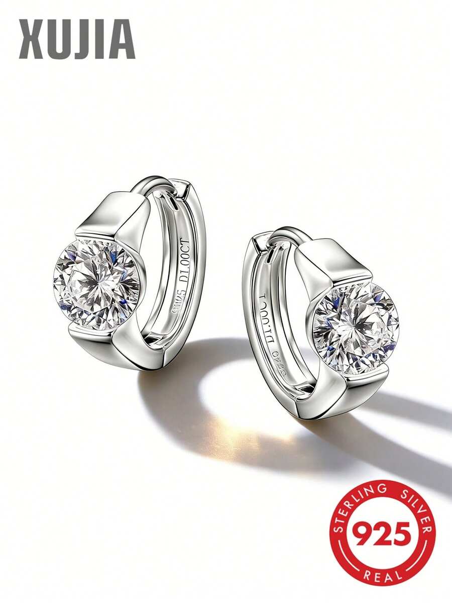 XUJIA 1 Đôi bông tai bạc 925 đính đá Moissanite, 2 viên đá Moissanite tròn lấp lánh 1 carat, kích thước 6.5mm, kiểu dáng thời trang dành cho nữ, quà tặng kỷ niệm/sinh nhật.