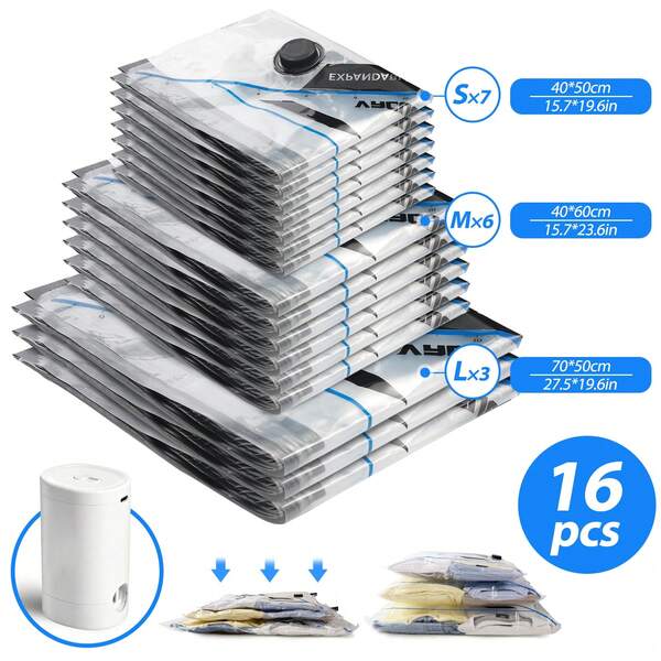 16 Pack Vacuum Seal Storage Bags With Rechargeable Wireless Pump  (7 Small, 6 Medium, 3 Large)Vacuum Storage Bags Space Saver Travel Size For Storage For Luggage, Vacuum Storage Bags For Clothes, Bedding, Pillows, Quilts, Blankets