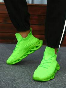 Men's Neon Color Block Sock Sneakers Unique Hollow Blade Sole Lightweight Athletic Running Shoes For Daily Street Style - Fluorescent Green - View 3