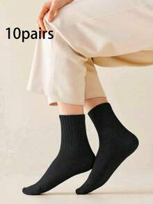 5/10 pares de calcetines de longitud media neutros para mujer, disponibles en múltiples colores sólidos simples, adecuados para uso casual, diario y de negocios - Multicolor - Ver 8