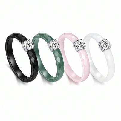 1 chiếc nhẫn đính hôn mỏng 3mm cắt kim cương dành cho nữ, kiểu dáng tối giản, không gây dị ứng, làm từ gốm sứ, có thể đeo cùng nhẫn cưới và nhẫn hứa hẹn, cỡ 5-12 (Đen/Trắng/Hồng/Xanh lá cây/Xanh dương/Tím)