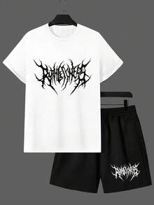 2026 New Men's Short Sleeve Shorts Two-Piece Set, Loose Casual Sports Outfit, Cotton-Shirt + Mixed Cotton Shorts Set, Printed Short Sleeve Shorts Two-Piece Set, Street Fashion Outfit, Unisex% Cotton Short Sleeve + 80% Cotton Shorts, Parent-Child Style, Couple Style - màu đen - Xem 6