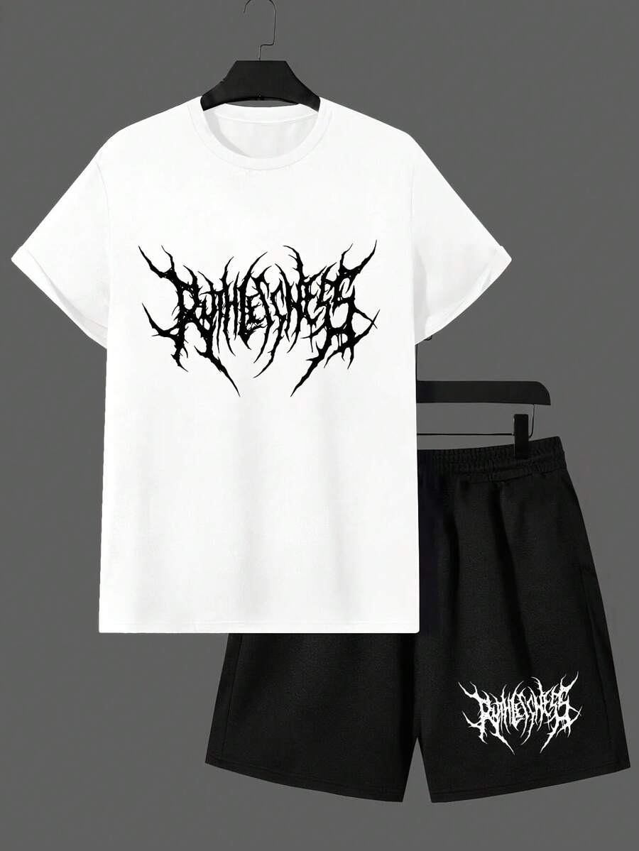 2026 New Men's Short Sleeve Shorts Two-Piece Set, Loose Casual Sports Outfit, Cotton-Shirt + Mixed Cotton Shorts Set, Printed Short Sleeve Shorts Two-Piece Set, Street Fashion Outfit, Unisex% Cotton Short Sleeve + 80% Cotton Shorts, Parent-Child Style, Couple Style - 白色 - 查看 1