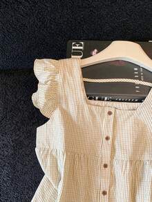 Elegant & Sweet Plaid Striped Square Neck Shirt, Women's Summer Ruffled Pleated Button‑Up Top, Stylish Date‑Night Versatile Blouse - Coffee - View 3