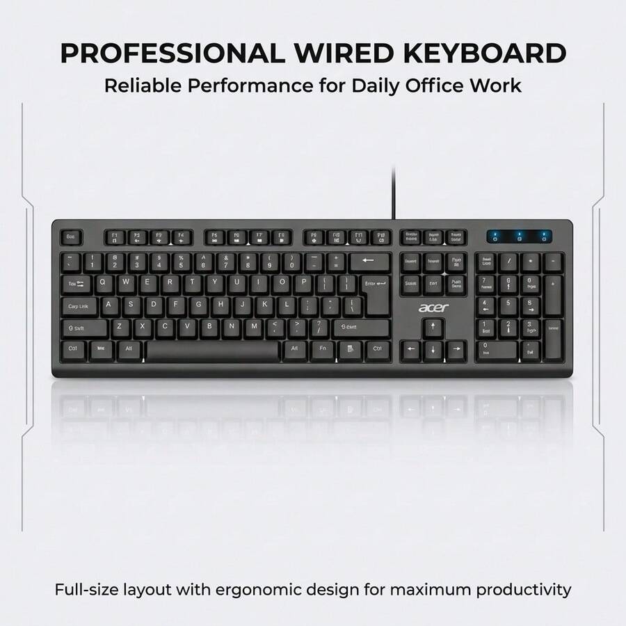 Acer 轻巧设计有线单键盘 OAK930 OKB010，黑色，适用于游戏、办公、台式电脑、笔记本电脑、平板电脑，薄膜键盘 - 查看 1