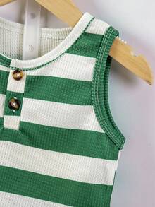 Bhchntiy 4pcs/Set Baby Boy Summer New Striped & Palm Tree Print Waffle Knit Vest + Pants Casual Fashion Outfit - Green - View 7