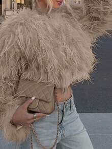 Áo khoác ngắn cổ tròn thanh lịch Doriss với chất liệu giả lông thú, áo khoác ngoài dành cho nữ, màu trắng, thích hợp cho các bữa tiệc, mùa cưới, ngày Valentine, mùa thu/đông. - Nâu nhạt - Xem 1