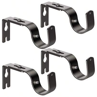Curtain Rod Brackets (Set Of 4) - Adjustable Black Heavy-Duty Curtain Supports, Includes Screws And Wall-Mount Hooks