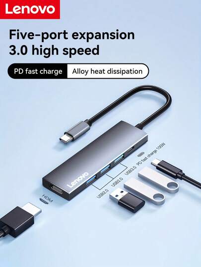  Lenovo 3.0 Hub, 3.0 High-Speed Transmission, Multi-Port Expansion, Supports 4K30Hz High-Definition Resolution, Supports PD100W Fast Charging, Lightweight And Convenient, Stylish And Compact Design, Built-In High-Performance Smart Chip, Plug And Play Compatible With Multiple Systems