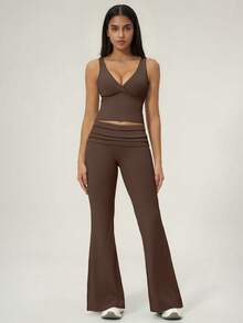 TimeOff 1 Set Women's Solid Color V-Neck Backless Removable Padded Camisole And Flared Leg Pants Sports Suit - Brown - View 8